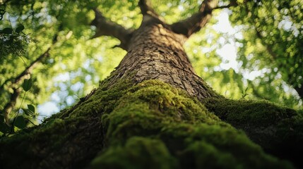 Majestic tree trunk reaching towards the sky, vibrant green leaves, natures beauty, Earth Day inspiration, forest serenity, environmental conservation, peaceful ambiance.