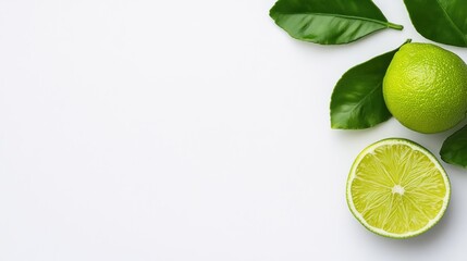 Fresh Limes with Lush Green Leaves on White Background