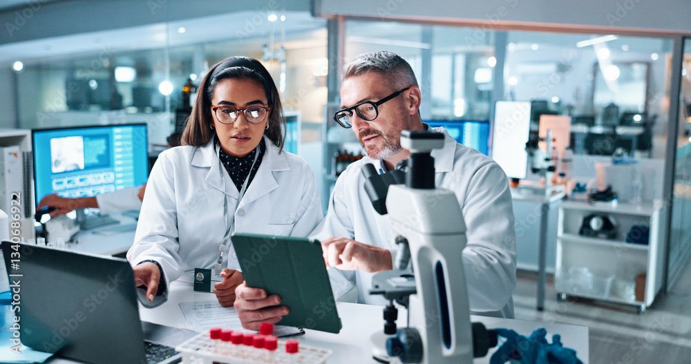 Poster collaboration, tablet or science with people in lab together for research or development. innovation