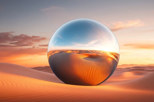 A reflective glass sphere placed in the middle of a desert, mirroring the vast dunes and sky above it