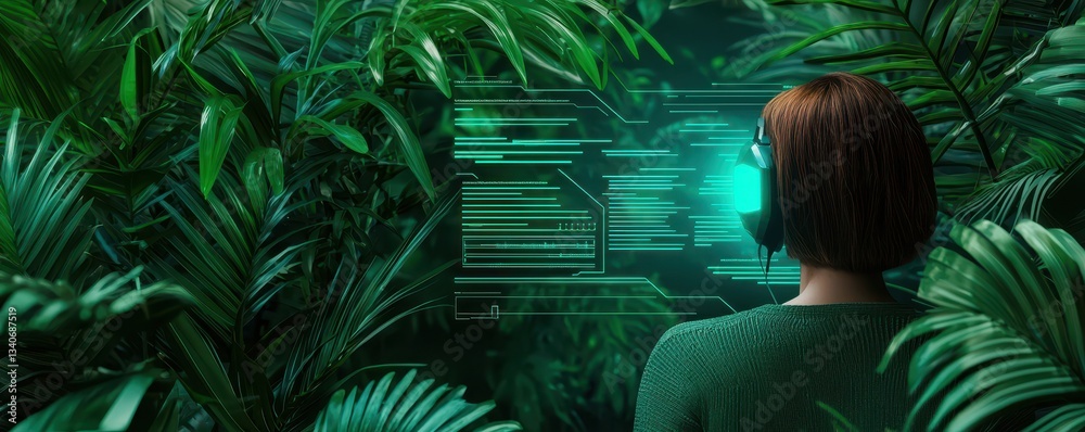 Poster a person surrounded by lush greenery interacts with a futuristic digital interface, blending nature 