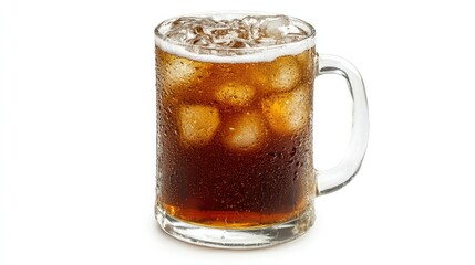 Classic root beer in a frosty mug, isolated on a white background.