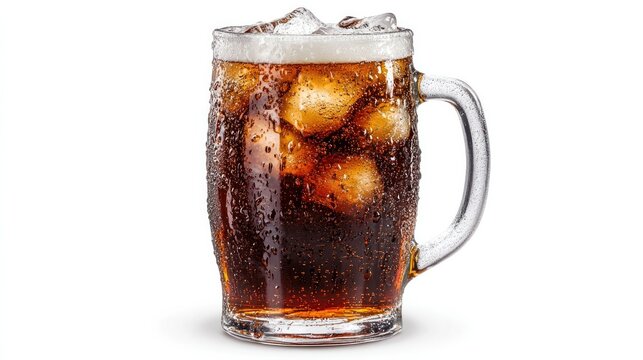 Classic root beer in a frosty mug, isolated on a white background.