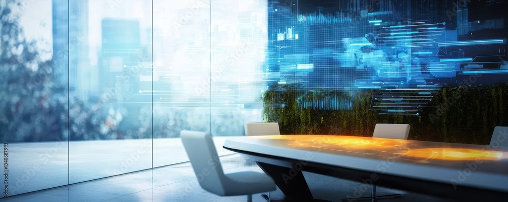 Poster a modern conference room with a sleek table, surrounded by high-tech visuals and greenery, creating 