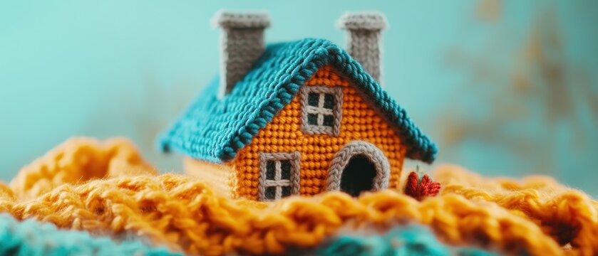 Miniature knitted house on vibrant knitted blanket, cozy home decor, DIY crafts, creative gifts, home sweet home theme, ideal for National Craft Month.