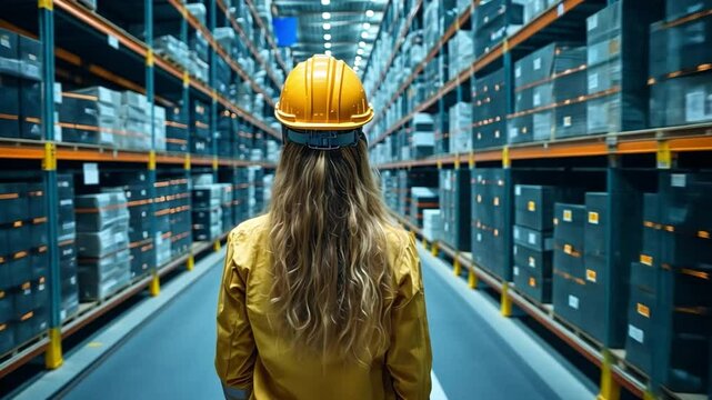 Warehouse Worker's Inspection: A female warehouse worker, donned in a yellow hardhat, meticulously inspects shelves. Rows of goods stretch into the distance in this view.