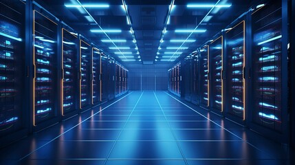 Obraz premium A photo of a data storage facility with rows of serve