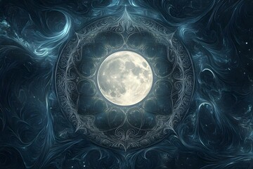 A large, luminous moon is depicted at the center, surrounded by swirling cosmic patterns and intricate designs. Concept Luminous Moon, Cosmic Patterns, Intricate Designs, Celestial Art