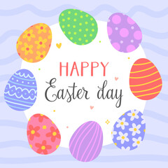 Happy Easter day. Cute card for Easter. Various colored Easter eggs with patterns on a blue background.
