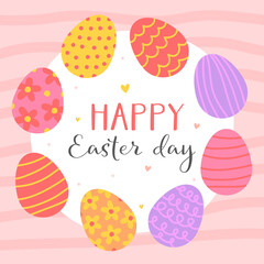 Happy Easter day. Cute card for Easter. Various colored Easter eggs with patterns on a pink background.