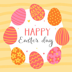 Happy Easter day. Cute card for Easter. Various pink and orange Easter eggs with patterns on a yellow background.
