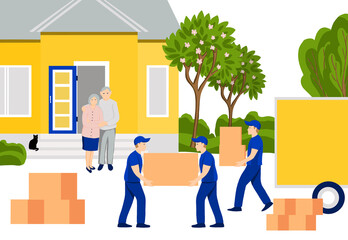 Workers carry cardboard boxes from a truck, a couple of elderly people stand near a house hugging each other. Moving, delivery service business, mover services, moving to a new house. Bright flat.