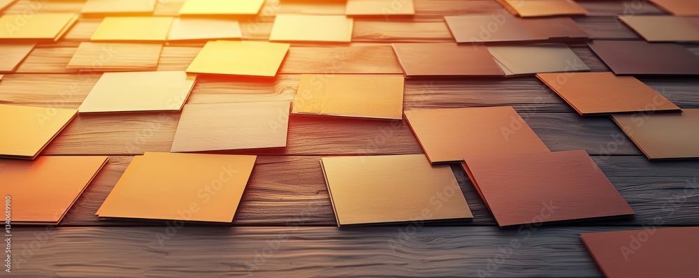 Poster a close-up view of textured, orange-toned square tiles arranged on a wooden surface, illuminated by 