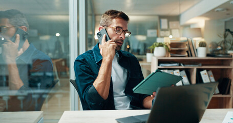 Businessman, tablet and talking with phone call in office, information and news for publication....