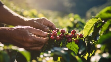 A close-up of a coffee farmer hands carefully picking red coffee cherries from a lush green coffee plant