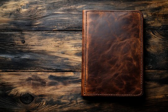 Vintage brown leather menu cover or notebook on dark wooden background, top view with copy space