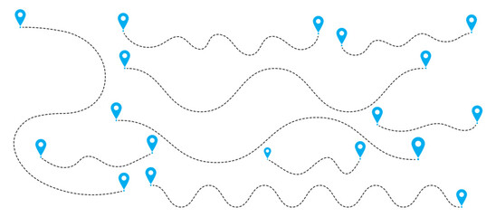 route icon. map pointer. location, pin, gps, roadmaps. Route location icon on white background. Start and end jurney signs symbols. Path travel dotted line trip dashed trace destination track plan 