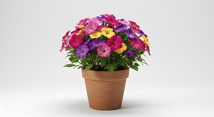 Naklejka premium Vibrant Petunia Plant with Multicolored Flowers in Terracotta Pot - Stock Photography home docor plants on a plain white Background