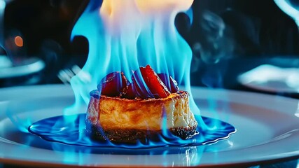 A flaming dessert with strawberries and a blue flame, served elegantly on a white plate in a dimly lit restaurant