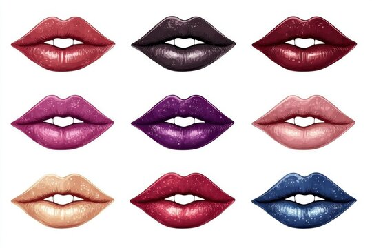 Set of glossy lips with glitter texture, isolated colorful lipstick kiss marks on white background, fashion and beauty makeup illustration
