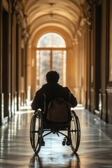 Obraz premium Person in wheelchair, contemplating life, exploring accessibility, independence, inspiring journey, vintage architecture, wellness, reflective moment in corridor.