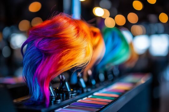 A vanity table with a themed setup for cosplay, featuring colorful wigs on stands, bold makeup palettes, and accessories