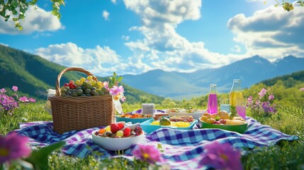 Fototapeta premium Picnic basket filled with fruits, snacks, and drinks on a checkered blanket in scenic nature, perfect for summer outings, outdoor gatherings, or family celebrations.