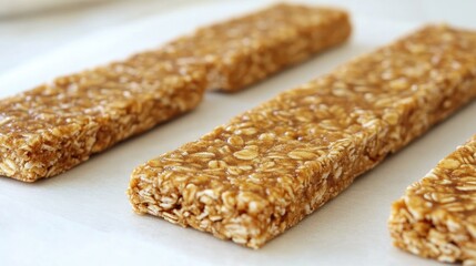 Granola bars placed neatly on a white surface, perfect for healthy snack concepts