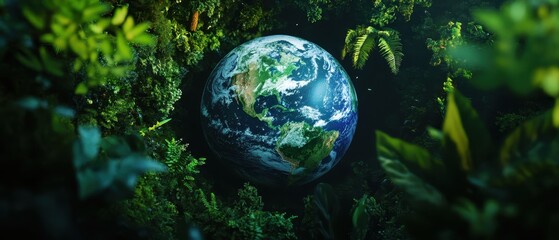 Planet Earth surrounded by lush green foliage, symbolizing Earth Day, environmental awareness, nature conservation, sustainability, ecology, vibrant ecosystem.