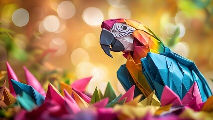 A vibrant origami parrot is surrounded by colorful paper shapes, creating a cheerful and artistic scene. Concept Origami Art, Colorful Paper Crafts, Creative Scene, Cheerful Decorations