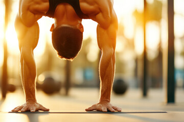 Fototapeta premium Fitness focus with muscular man performing handstand at sunrise outdoors for workout inspiration