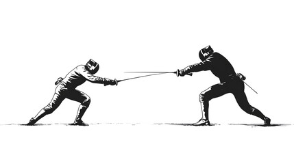 Two fencers in protective gear engage in a duel, swords extended, in a black and white illustration.
