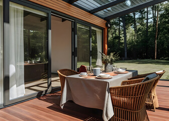 Modern Outdoor Dining on a Stylish Wooden Terrace with Lush Garden View
