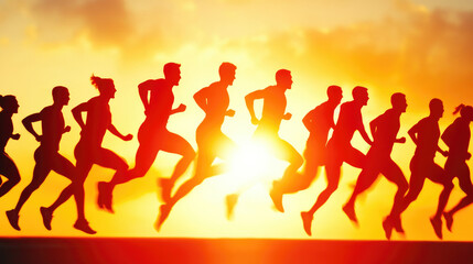 Energetic group of multicultural runners in motion against a vibrant sunset background