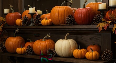 Display of Pumpkins and Pine Cones with Candles for Autumn Season