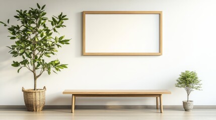 Minimalist wooden bench and plants in modern interior with blank frame.