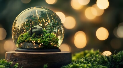 Snow globe featuring a lush forest scene with miniature bear, twinkling lights in the background, holiday decor, winter wonderland, Christmas ambiance.