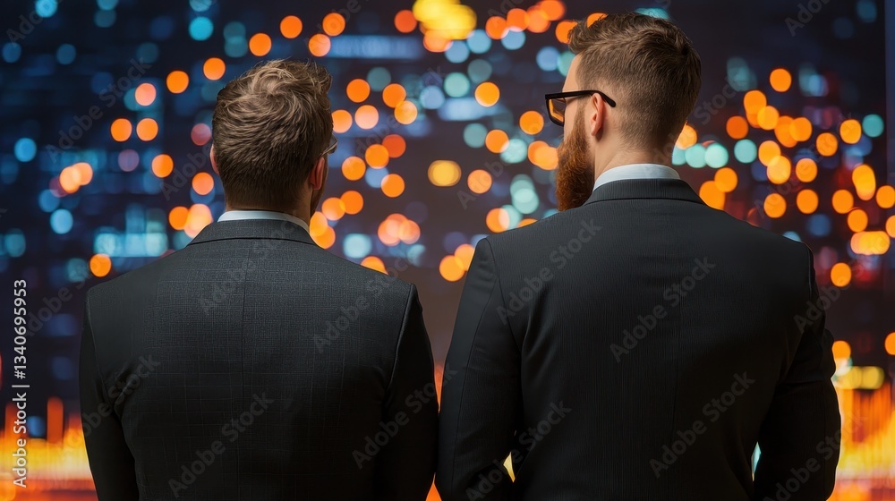 Poster two professionals in suits observe a vibrant cityscape lit by colorful lights, reflecting a dynamic 