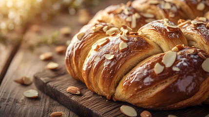 A traditional Easter braided bread topped with almond slices and sugar glaze, placed on a vintage wooden cutting board next to a teacup with fresh mint leaves and a colorful floral napkin.