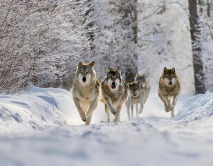 Obraz premium Pack of wolves running in snowy forest road