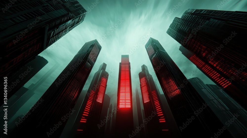 Poster a dramatic view of towering skyscrapers illuminated in red against a moody green sky, creating a fut