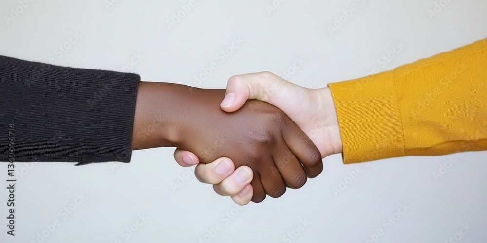 Poster two hands of different skin tones engaged in a handshake, symbolizing unity, collaboration, or partn