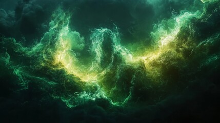 Abstract Glowing Green and Yellow Particles Swirling in Dark Background