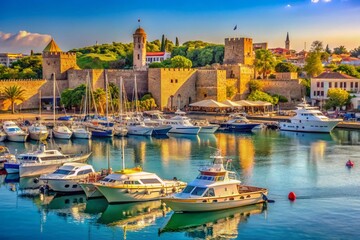 Fototapeta premium Rhodes Port: Yachts, Boats, and the Aegean Sea in Sharp Focus