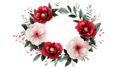 Red and pink flowers creating a beautiful wreath on transparent background