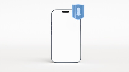 3D model of mobile phone with white screen and blue shield with keyhole on white background, data protection