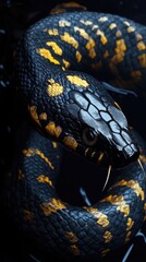 Fototapeta premium A close-up photo of a snake coiled on a dark background