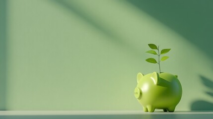Green Piggy Bank with Growing Plant: Symbol of Sustainable Investments and Financial Growth