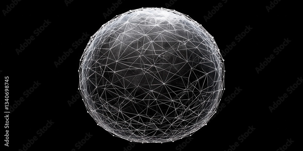 Poster a spherical structure with interconnected lines, resembling a network or digital globe, set against 