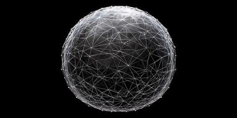 A spherical structure with interconnected lines, resembling a network or digital globe, set against a black background.